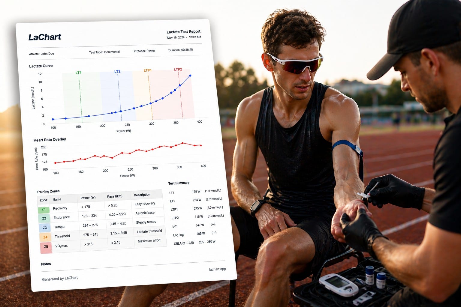 Branded lactate test PDF report with a coach's logo, showing the lactate curve, LT1/LT2 thresholds and training zones