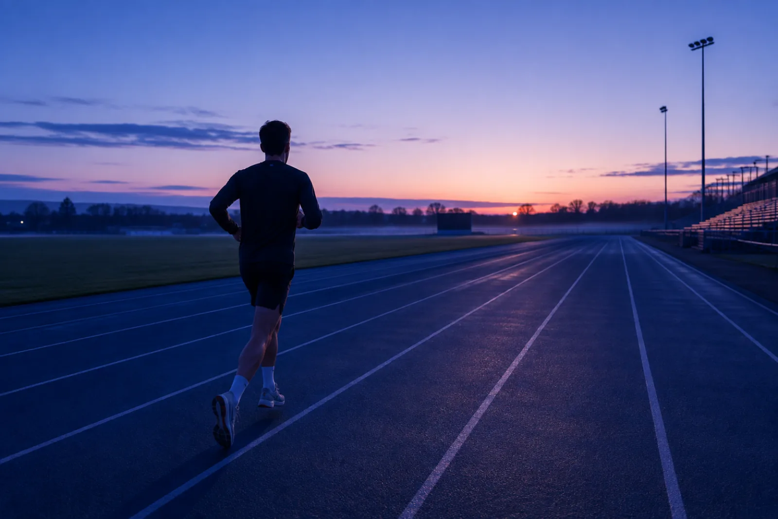 A runner settling into a steady effort on an empty track at dawn