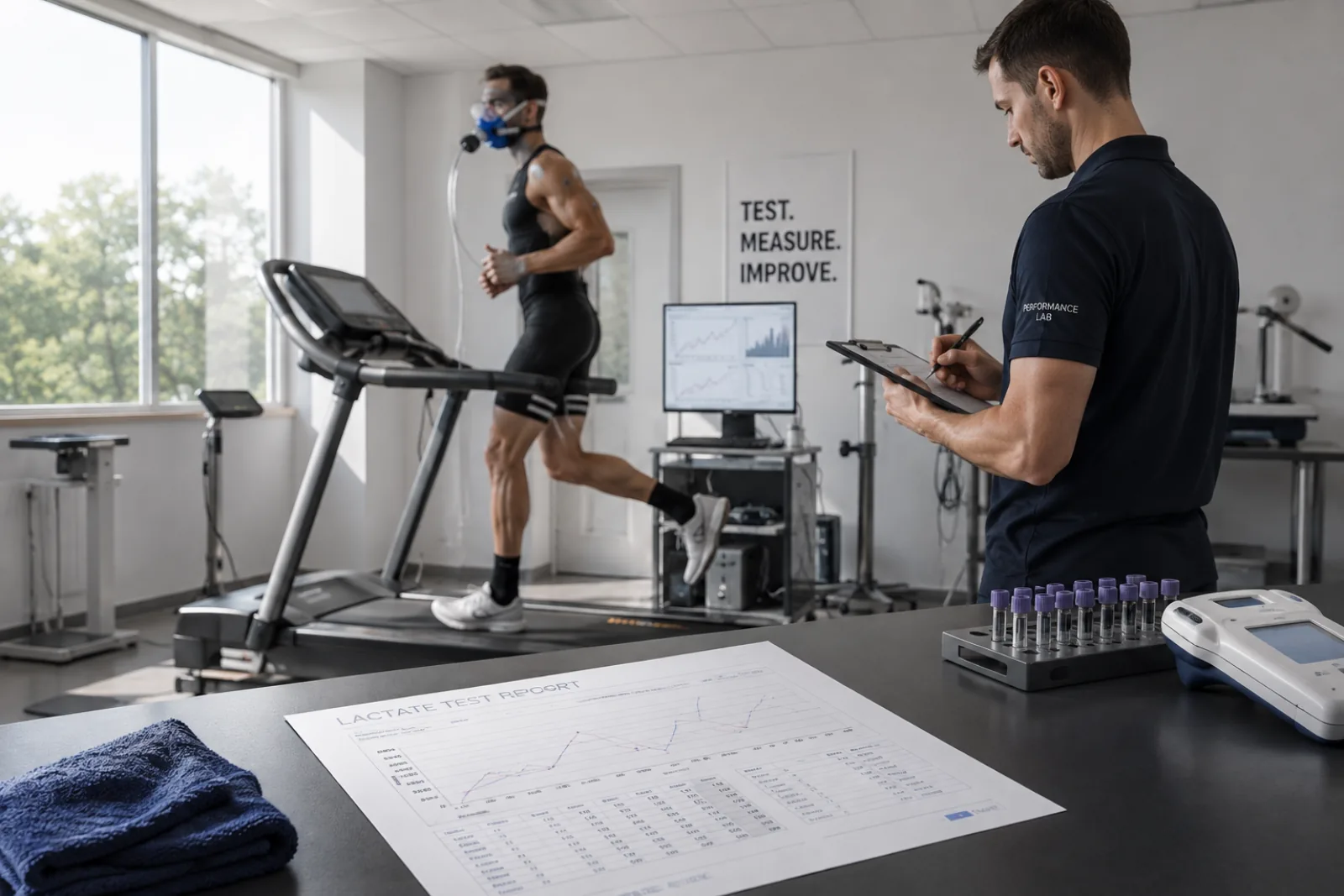 A step test running in a performance lab, technician recording the stages