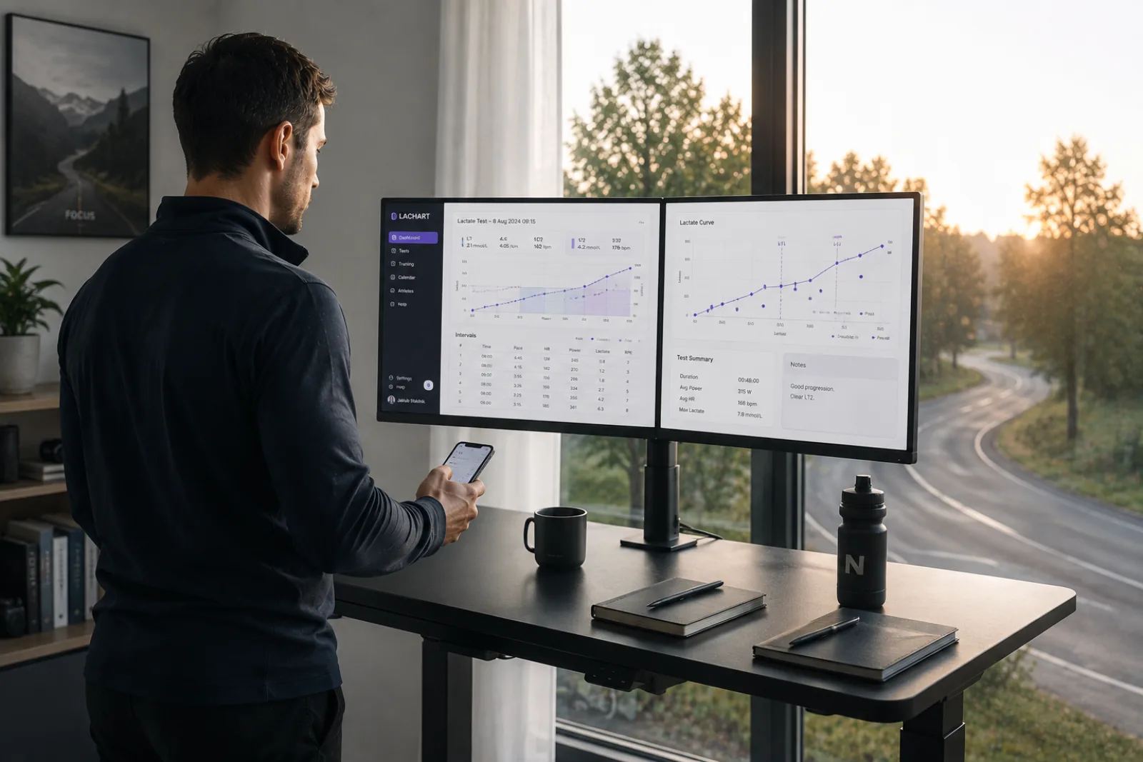 A coach at a standing desk reviewing an athlete's lactate test on two screens
