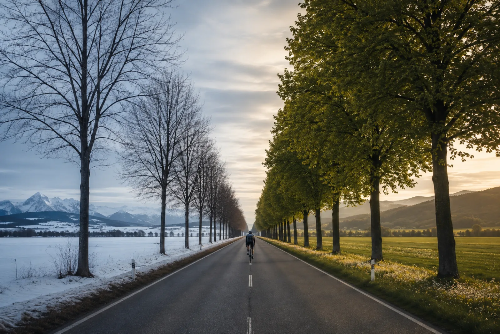 The same road in winter and in summer, one rider between them