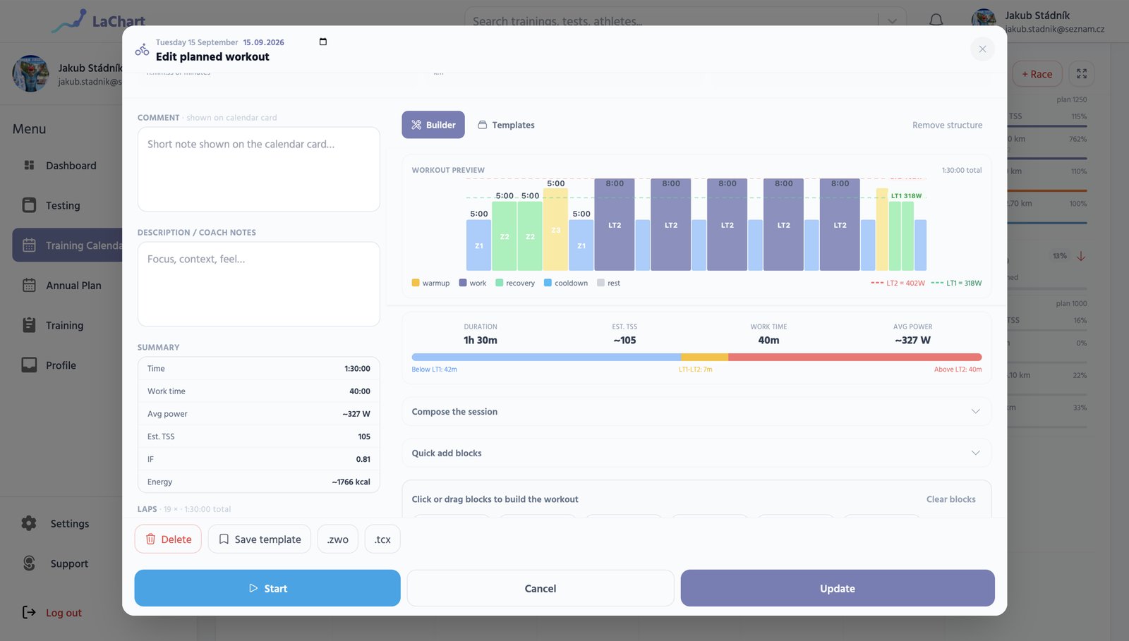 Planned workout builder with warm-up, intervals and cool-down